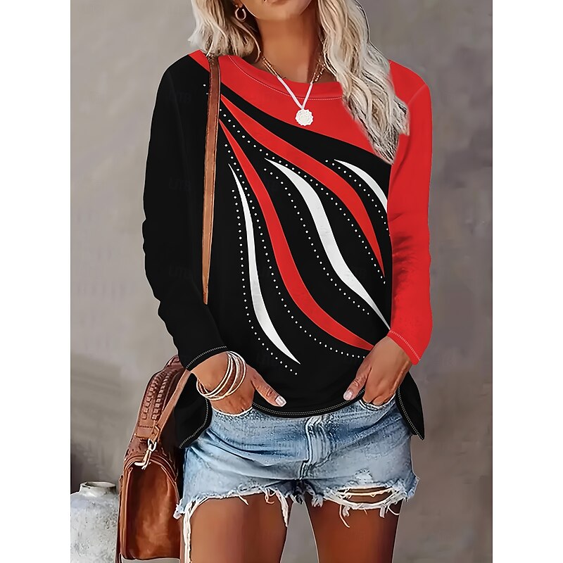 Women's T Shirt Graphic Geometric Abstract Vintage Fashion Stylish Long Sleeve Crew Neck Round Neck Regular Tops Daily Print Pink Red Blue Green Gray Spring Fall2