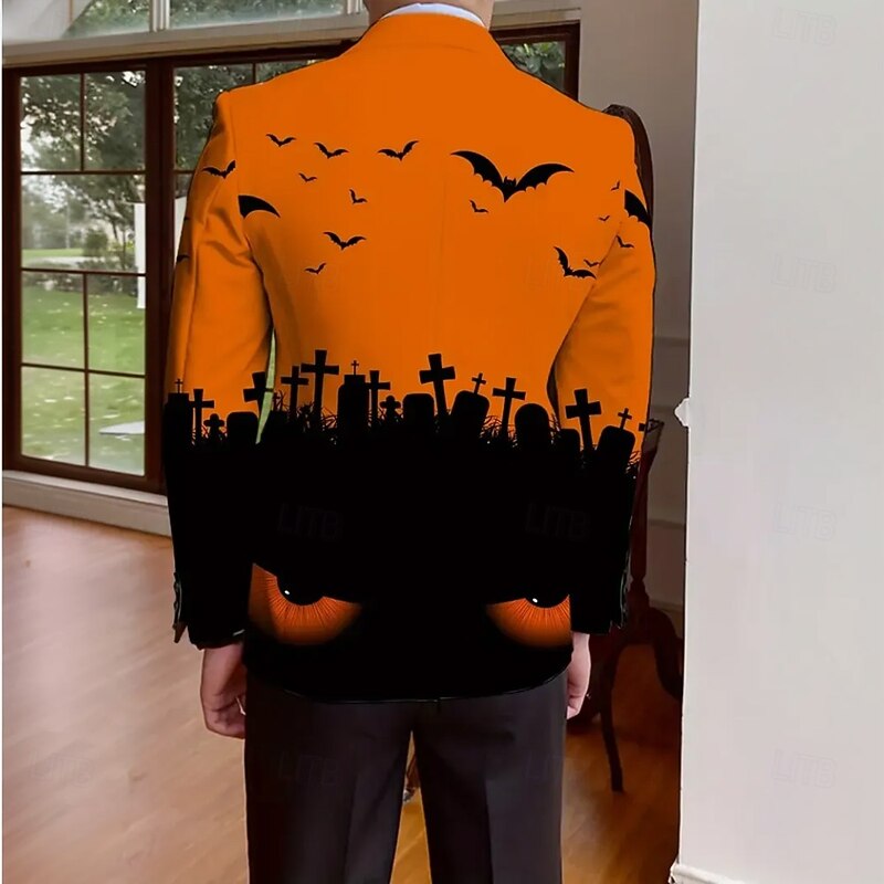 Halloween Men's Coat Blazer Outdoor Street Festival Casual Daily All Seasons 100% Polyester Bat 3D Print Buttons Comfortable Single Breasted Blazer White Purple Orange4