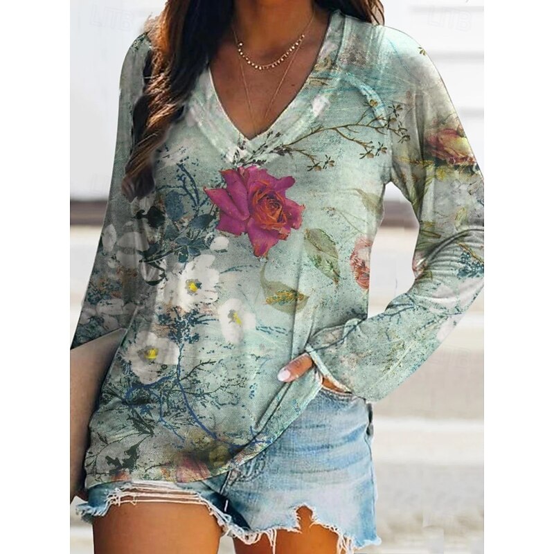 Women's T Shirt Floral Graphic Plants Elegant Bohemia Vintage Long Sleeve V Neck Regular Tops Daily Going out Weekend Print Sage Green Red Royal Blue Blue Fuchsia Spring Fall4