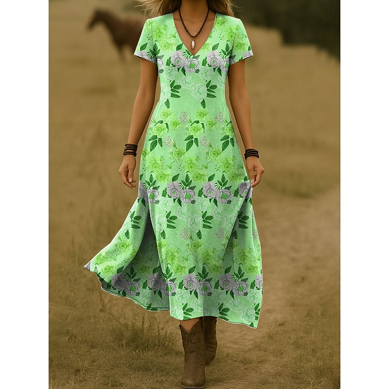 Halloween Women's Midi Dress Casual Dress A Line Dress Summer Dress Elegant Vacation Casual Beach Regular Fit Floral Graphic Short Sleeve V Neck Pink Blue Orange Green Summer Spring4
