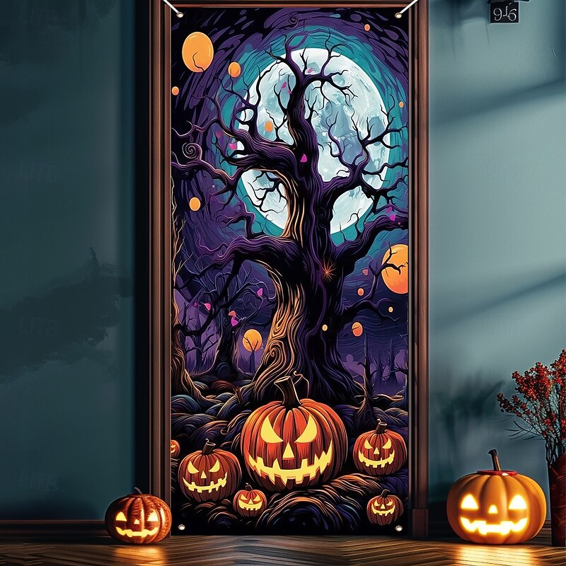 Halloween Door Cover Outdoor Banners Pumpkin Cemetery Psychedelic Dark Punk Gothic Style Party Outdoor Shooting Backgrounds Front Door Wall Porch Home Decor2