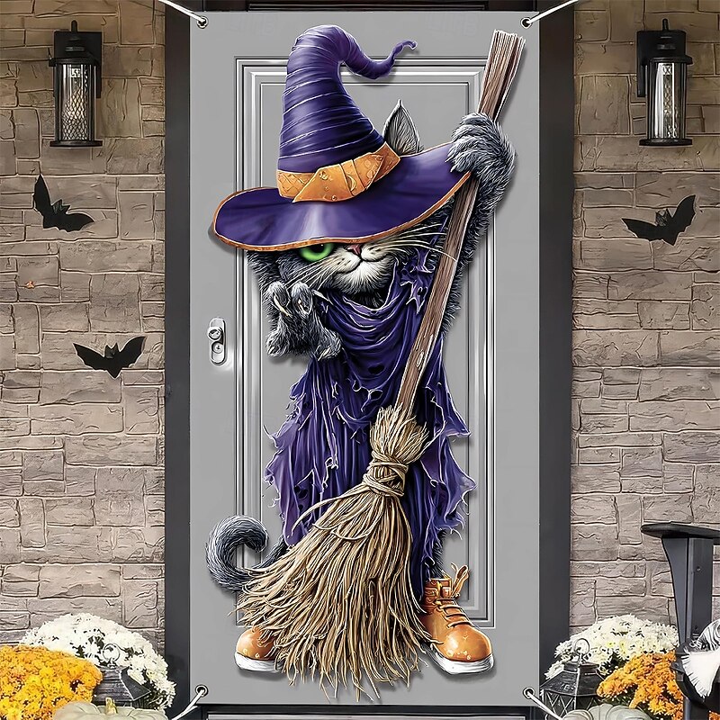 Halloween Door Cover Outdoor Banners Witch Cat 3D Dark Punk Gothic Style Party Outdoor Shooting Backgrounds Front Door Wall Porch Home Decor