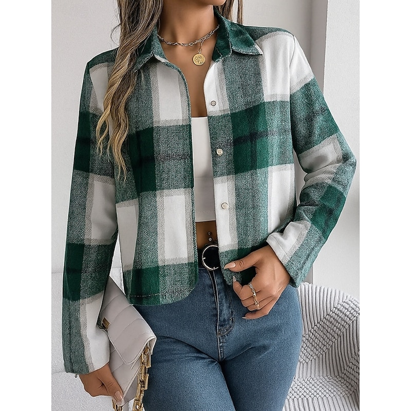 Women's Casual Jacket Comfortable Breathable Print Casual Plaid Vacation Street Casual Daily Wear Single Breasted Short Turndown Regular Fit Long Sleeve Outerwear Red Blue Green Spring Fall2