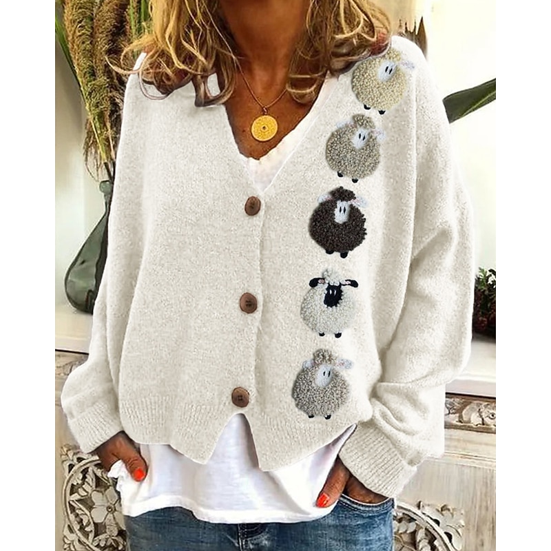 Women's Coat Casual Jacket Warm Comfortable Print Fashion Modern Casual Animal Going out Weekend Single Breasted Regular V Neck Regular Fit Long Sleeve Outerwear White Green Light Grey Fall Winter2