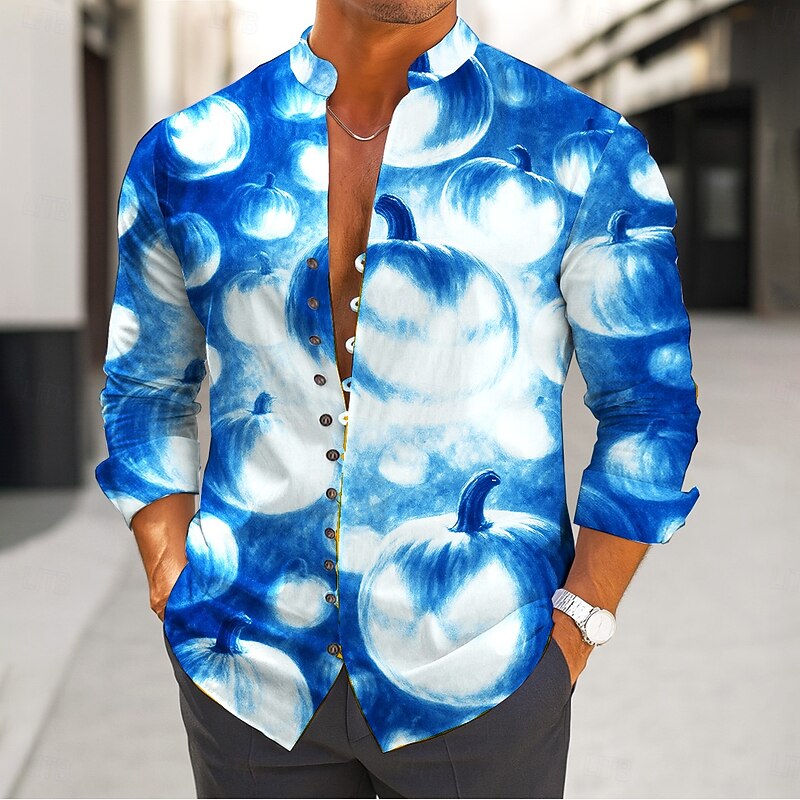Halloween Men's Pumpkin Halloween Costumes Shirt Stand Collar Shirt Long Sleeve Dark Gothic Style Outdoor Holiday Spring Fall Mandarin Collar Band Collar Button-Down Linen Like Shirt Blue Orange3