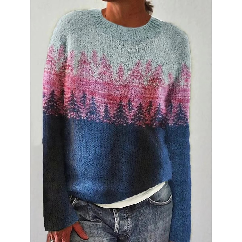 Women's Sweater Casual Soft Geometric Ribbed Crew Neck Knitted Long Sleeve Regular Tops Knit Outdoor Daily Weekend Royal Blue Blue Fall Winter3