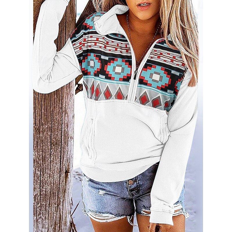 Women's Sweatshirts Geometric Vintage Casual Long Sleeve Turtleneck Regular Tops Street Dailywear Zip Up Pocket Print Black White Red Blue Dark Blue Fall Winter2