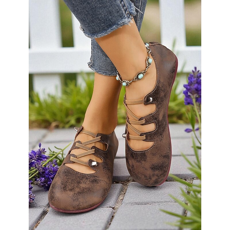 Women's Wide-Width Dark Brown Faux Leather Flats with Adjustable Straps – Comfortable Retro Casual Shoes for Daily Wear and Walking3