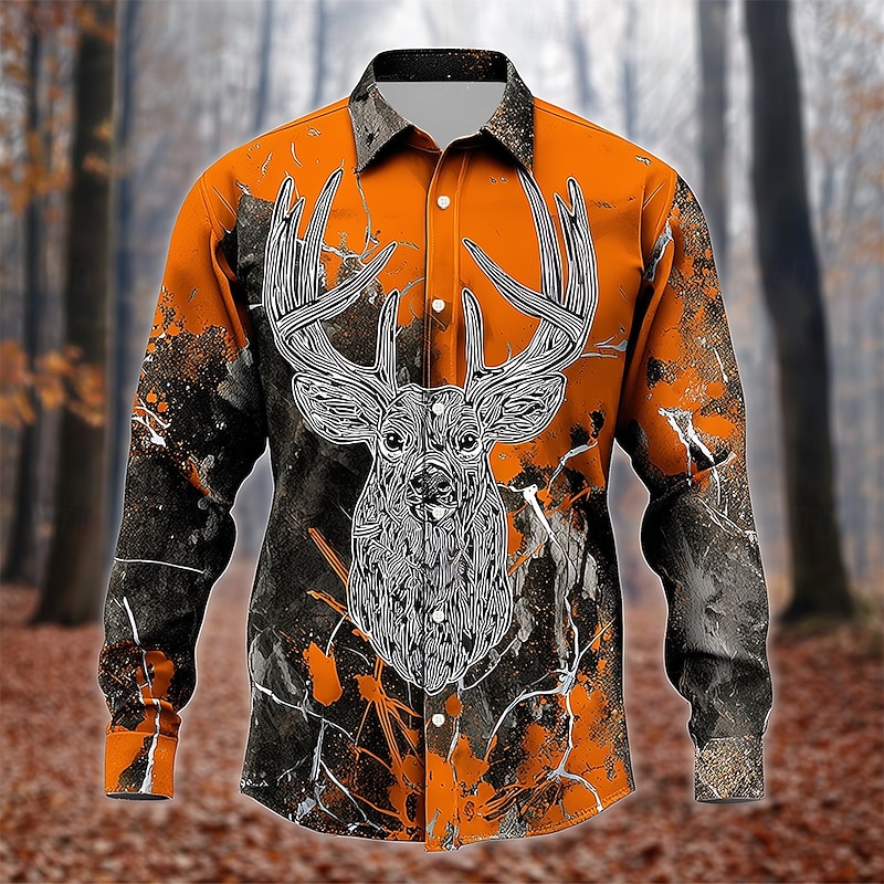 Men's Camo Reindeer Camouflage Shirt Button Up Shirt Long Sleeve Vintage Retro Outdoor Camping & Hiking Hunting Spring Fall Turndown 3D Print Linen Like Shirt Orange