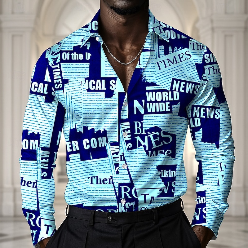 Men's Letter Printed Newspaper Shirt Satin Shirt Dress Shirt Long Sleeve Vintage Retro Vacation Dailywear Summer Spring Fall Turndown 3D Print Button Up Shirts White Blue4