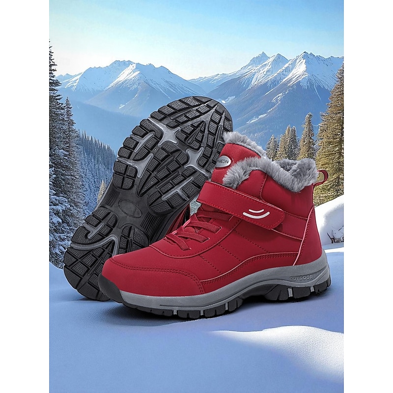 Women's Dark Red Waterproof Winter Hiking Boots – Plush Fur Lined, Non-Slip Outdoor Snow Shoes, Warm Trekking & Travel Footwear