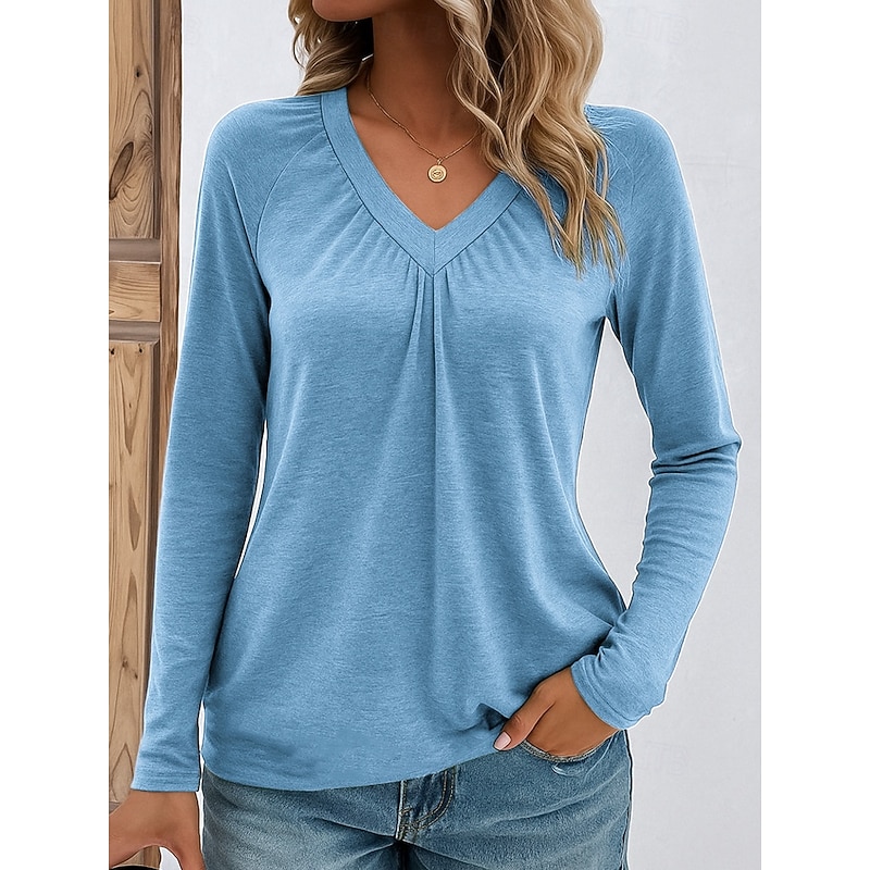 Women's Blouse Solid Color Stylish Casual Long Sleeve V Neck Regular Tops Daily Pink Blue Green Gray Spring Fall Winter