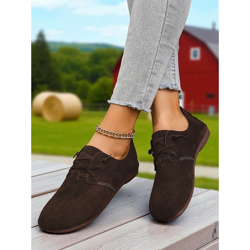 Women's Casual Brown Lace-Up Barefoot Flats – Lightweight Wide Fit Shoes for Country Walks, Brown and Everyday Wear - Main Image