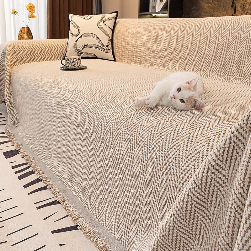 Striped Chenille Couch Cover for Pets, Pet Friendly Full-Cover Sofa Throw Blanket, Non-Slip Scratch Resistant Decorative Sofa Protector, Modern Simple Luxury Style for Living Room