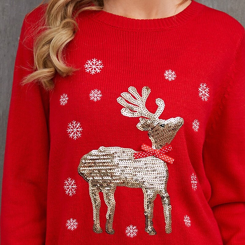 Women's Sweater Pullover Casual Reindeer Snowflakes Ribbed Crew Neck Knitted Print Long Sleeve Regular Tops Knit Christmas Holiday Going out Black Red Winter2