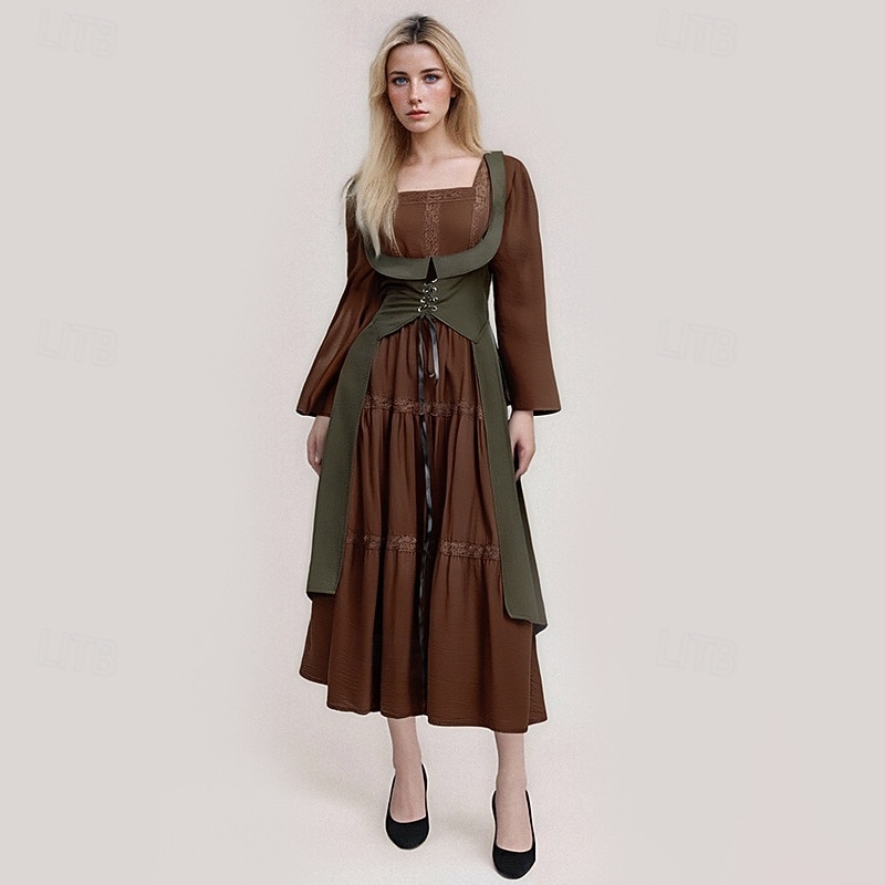 Retro Vintage Medieval Renaissance Dress Chemise OverDress Bell Sleeve Viking Celtic Knight Square Neck Fancy Dress Women's Celtic Fantasy Halloween Carnival Performance Party LARP Adults Dress