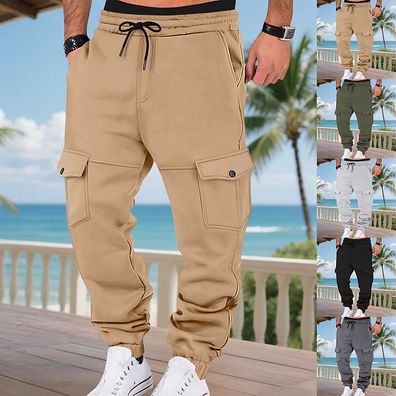 Men's Sweatpants Fleece Pants Joggers Trousers Cargo Sweatpants Drawstring Elastic Waist Multi Pocket Plain Moisture Wicking Breathable Full Length Outdoor Casual Daily Vacation Fashion Black Green