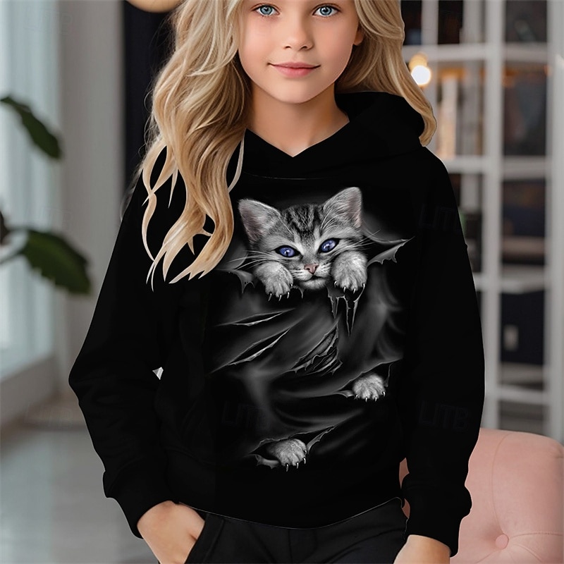 Girls' 3D Animal Cat Hoodie Long Sleeve Spring Fall Fashion Streetwear Kids 4-12 Years Hooded Outdoor Casual Daily Regular Fit3