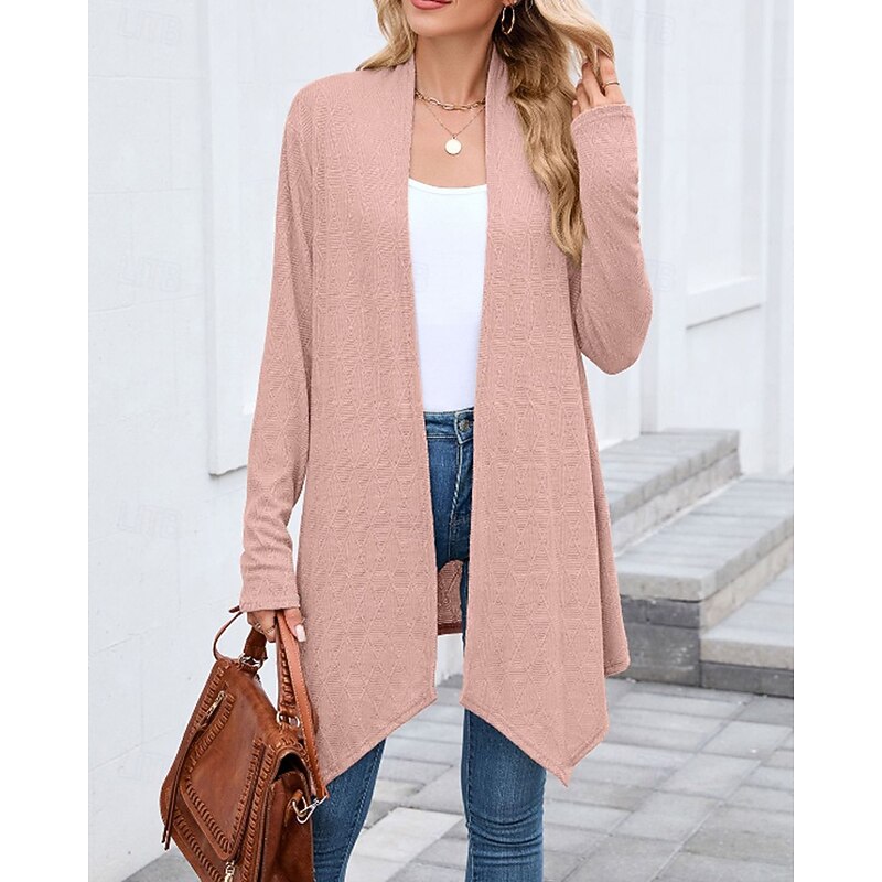 Women's Cardigan Casual Solid Color Ribbed V Neck Knitted Asymmetric Hem Long Sleeve Long Tops Knit Holiday Going out Weekend Black Pink Fall2