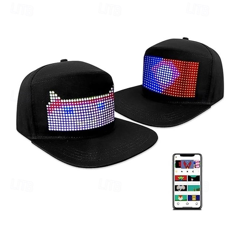 LED Hat Cap- Programmable APP-Control LED Scrolling Messages Light Up Display Baseball Cap Luminous Glowing Custom Hats for Men Party Club Black