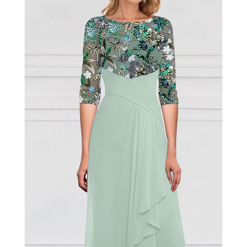 SkyBeaded Gown A-Line Mother of the Bride Dress Sparkle & Shine Boat Neck Floor Length Chiffon Lace Beaded Lace Half Sleeve with Ruffle Details and Covered Buttons4