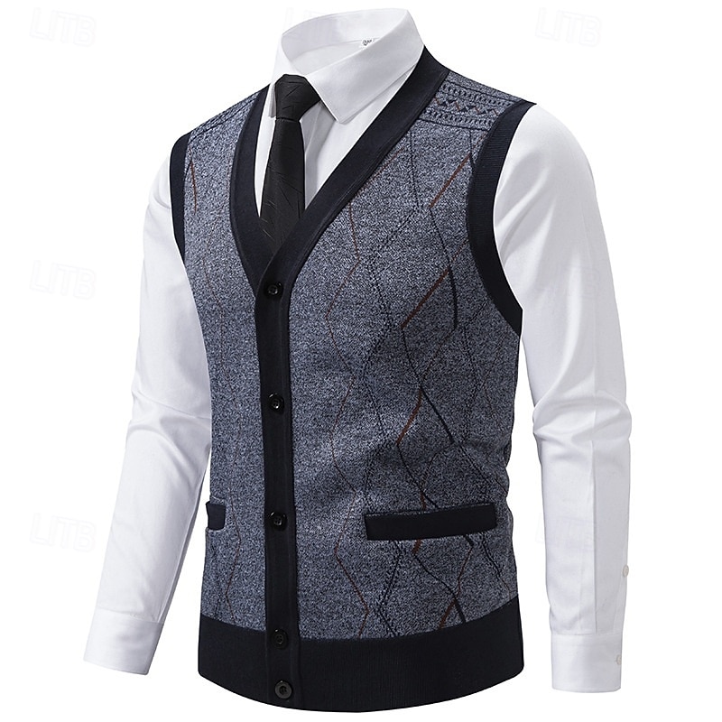 Men's Sweater Sweater Vest Dress Sweater Cardigan Sweater Knit Sweater Ribbed Knit Regular Tops Knitted Ribbed Geometric V Neck Fashion Shawls Business Casual Clothing Apparel Fall Winter Burgundy