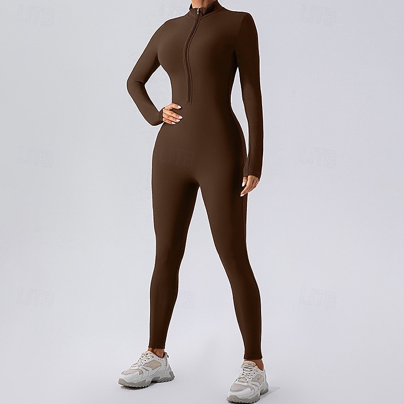Women's Workout Jumpsuit One Piece Romper Zip Up Solid Color Bodysuit Black White Gym Pilates Yoga Tummy Control Long Sleeve Sport Activewear Tight Fit4