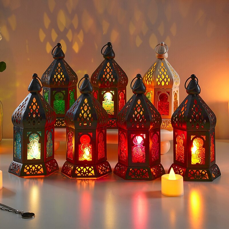 Vintage Iron Colorful Windproof Glass Oval Lantern, Hollow Oval Design Hanging Candle Holder with Iron Frame, Wind-Resistant Decorative Lantern for Home, Bar, Restaurant, Party & Gift Giving