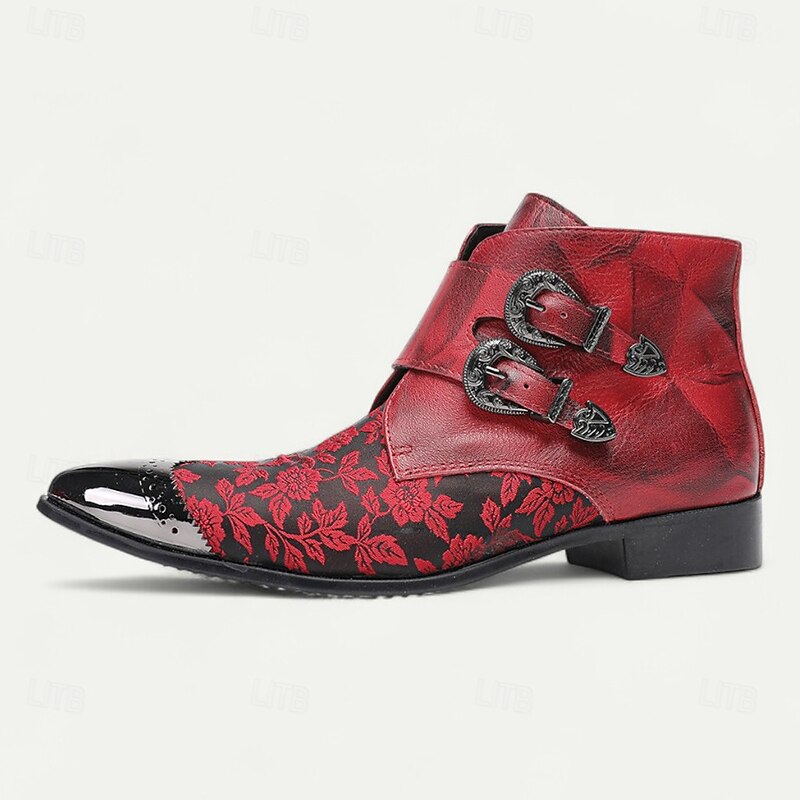 Men's Red Jacquard Double Monk Strap Boots – Gothic Baroque Style Leather Boots for Cosplay, Costume Parties and Nightlife Events4