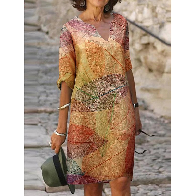 Women's Mini Dress Shift Dress Summer Dress Formal Daily Regular Fit Graphic Leaf 3/4 Length Sleeve V Neck Yellow Brown Green Summer Spring