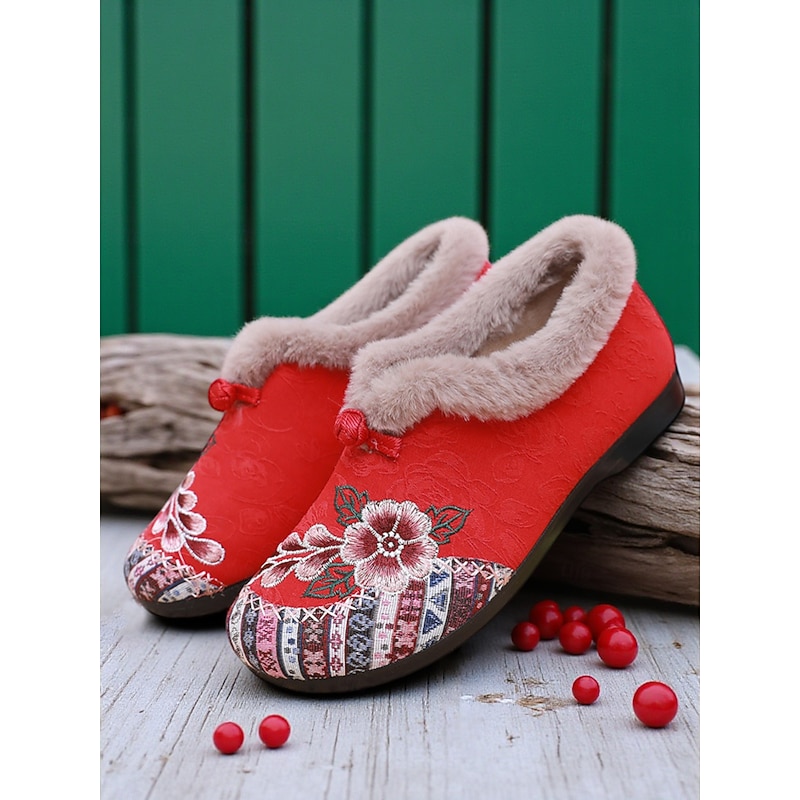 Women's Red Embroidered Fur-Lined Slip-on Shoes with Floral Pattern, Warm Winter Shoes for Christmas, Holiday Season and Casual Wear2