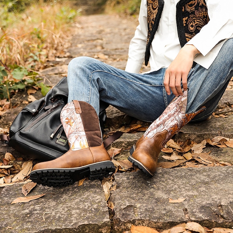 Men's Boots Cowboy Boots Embroidery Retro Handmade Shoes Walking Sporty Casual Outdoor PU Leather Comfortable Slip Resistant Mid-Calf Boots Loafer Yellow-Brown Brown Summer Fall Winter4