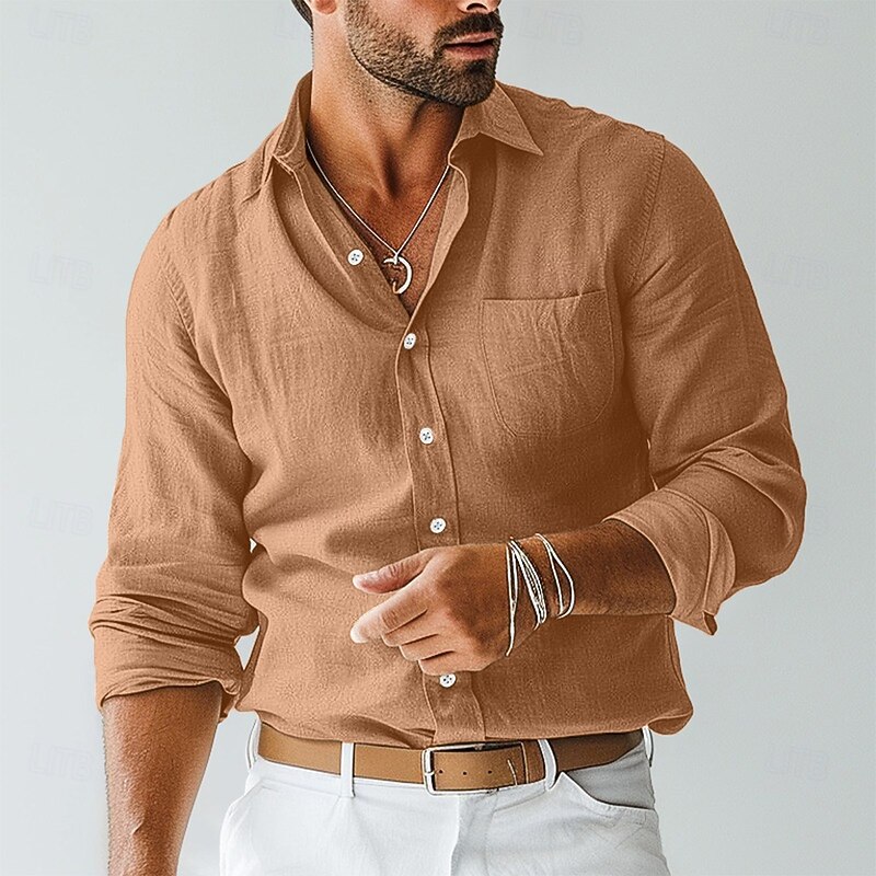 Men's Shirt Linen Shirt Summer Shirt Beach Wear Button Up Shirt Plain Vacation Casual Black Blue Brown Khaki Long Sleeve Lapel Spring & Summer Clothing Apparel Pocket4