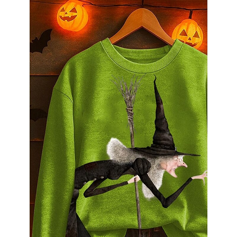 Halloween Women's Pullover Sweatshirt Witch Graphic Fashion Casual Long Sleeve Crew Neck Regular Tops Street Dailywear Casual Print Green Fall Winter2