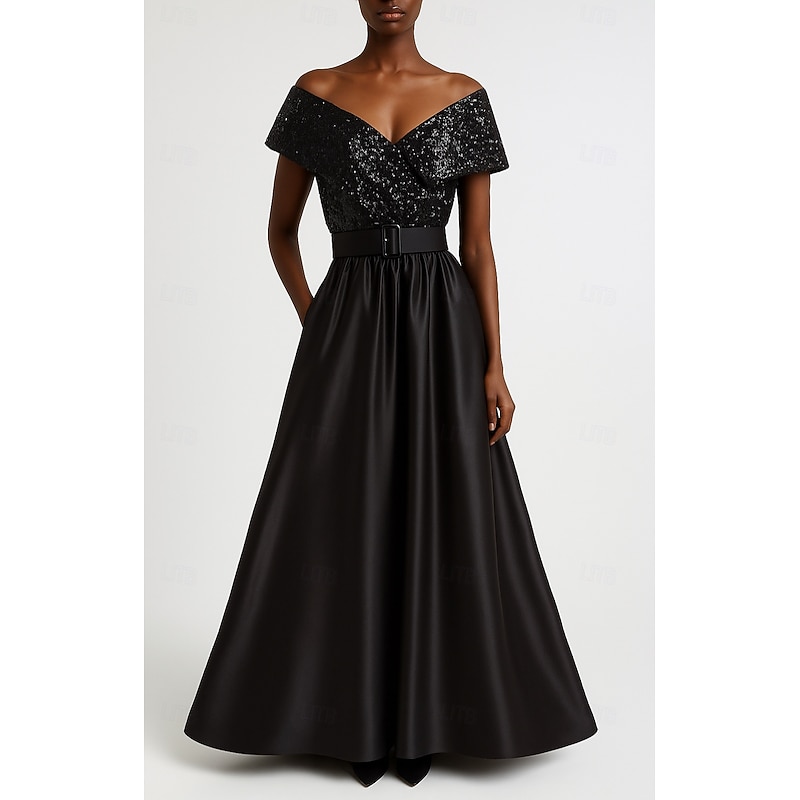 Black portrait collar A-Line Evening Gown Elegant Dress Formal Wedding Floor Length Short Sleeve Lapel Pocket Satin with Bow(s) 2025