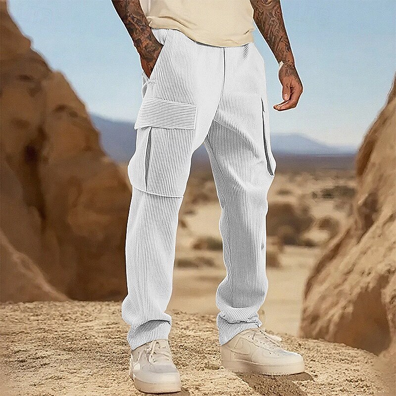 Men's Cargo Pants Corduroy Pants Trousers Buttons Multi Pocket Plain Wearable Outdoor Daily Camping & Hiking Fashion Classic Black White2