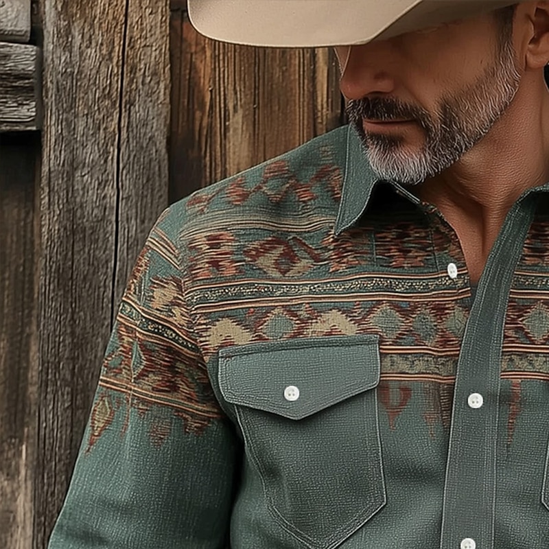 Men's Geometric Ethnic Shirt Western Shirt Cowboy Shirt Long Sleeve Vintage Retro Tribal Outdoor Casual WorkWear Summer Spring Fall Turndown Front Two Pockets Button Up Shirts Dark Green2