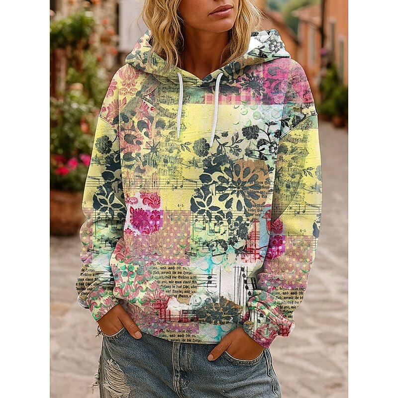 Women's 3D Print Vintage Boho Hoodie Patchwork Hoodie Sweatshirt Floral s Floral Graphic Vintage Casual Long Sleeve Hooded  Street Casual Holiday Patchwork Yellow Pink Blue Green Spring Fall Winter