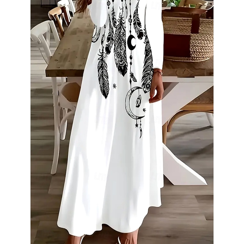 Women's Maxi long Dress White Dress Casual Dress A Line Dress Bohemia Vintage Stylish Holiday Loose Fit Ombre Graphic Feather Long Sleeve V Neck White Spring Fall Winter3