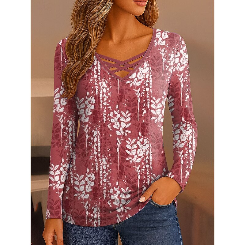 Women's T Shirt Ombre Floral Graphic Vintage Stylish Classic Long Sleeve V Neck Regular Tops Daily Cut Out Print Red Blue Purple Green Spring Fall4