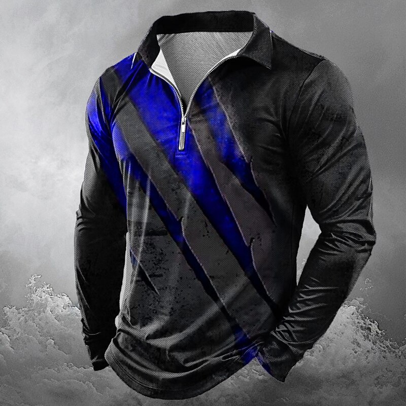 Halloween Men's Graphic Gothic Horror Zip Polo Shirts Long Sleeve Polo Shirts Lapel Casual Horror Dark Outdoor Festival Outfit 3D Print Spring Fall Winter Lake blue Red Blue4