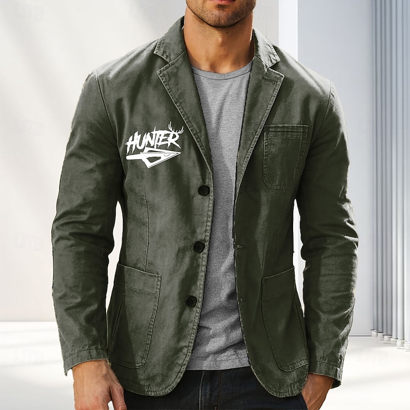 Men's Letter Printed Hunting Blazer Cotton Suit Jacket Suits Coat Casual Outdoor Dailywear Multiple Pockets Three Button Stripe Lined Suit Jacket Fall Winter Notch lapel collar Long Sleeve Black