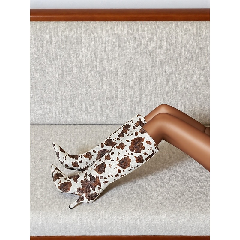 Women's Cow Print Knee High Boots with Side Zipper for Easy Wear, Pointed Toe Stiletto Heels, Trendy Western Inspired Style Fashion Footwear for Urban Casual Outfits2