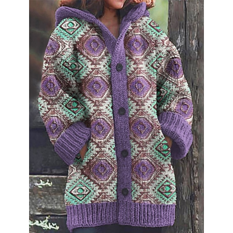 Women's Cardigan Vacation Vintage Daily Graphic Color Block Ribbed Hooded Knitted Print Front Pocket Long Sleeve Regular Tops Knit Outdoor Daily Holiday Blue Purple Fall Winter