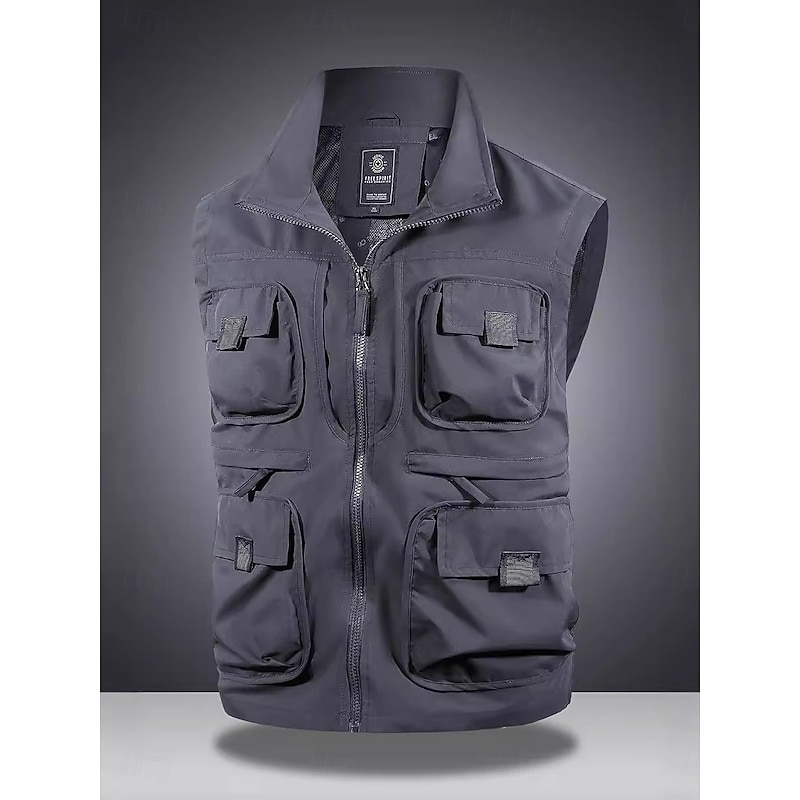 Men's Outdoor Vest Tactical Jacket Sports Outdoor Casual Fishing Camping & Hiking Active Spring Fall Multi Pocket Multi Layer Polyester Tactical Zipper Stand Collar Black Navy Blue Khaki Army Green3