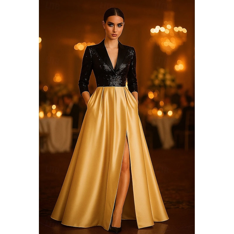 Tuxedo Dress A-Line Formal Wedding Guest Kentucky Derby Satin Elegant Celebrity Style 3/4 Sleeve Pleated Floor Length