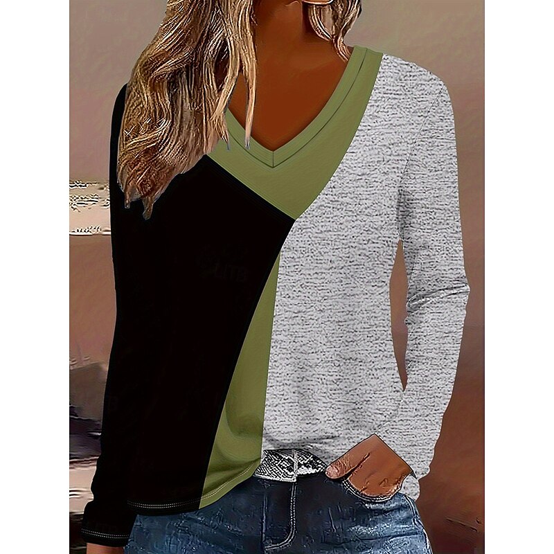 Women's T Shirt Graphic Geometric Color Block Vintage Stylish Classic Long Sleeve V Neck Regular Tops Daily Print Sage Green Spring Fall Winter