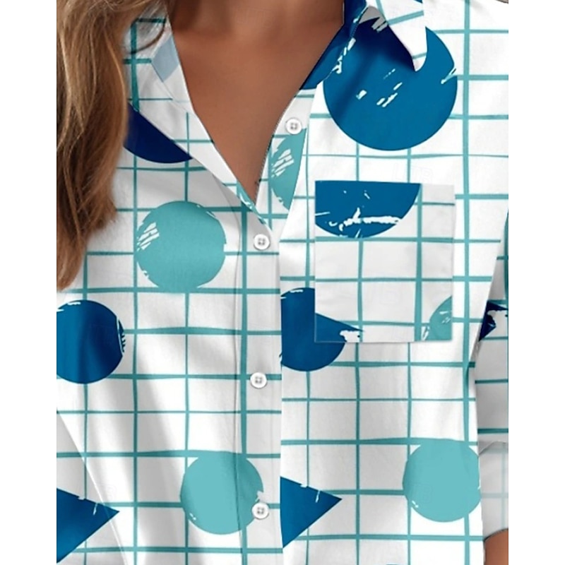 Women's Shirt Blouse Geometric Modern Casual Long Sleeve Shirt Collar Regular Tops Daily Holiday Going out Buttons Print Blue Fall4
