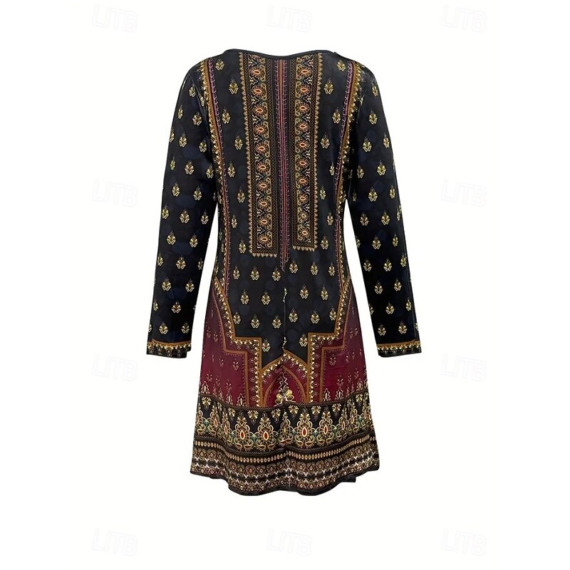 Women's Midi Dress Knit Dress Casual Dress A Line Dress Summer Dress Bohemia Vintage Regular Fit Floral Graphic Long Sleeve V Neck Black Spring Fall Winter3