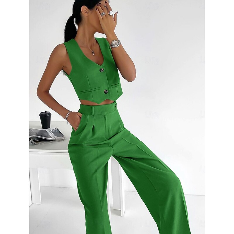 Women's Fashion Streetwear Pants Sets Sleeveless V Neck Solid Color Ruched Casual Daily Fuchsia Green Khaki Summer Regular Fit2